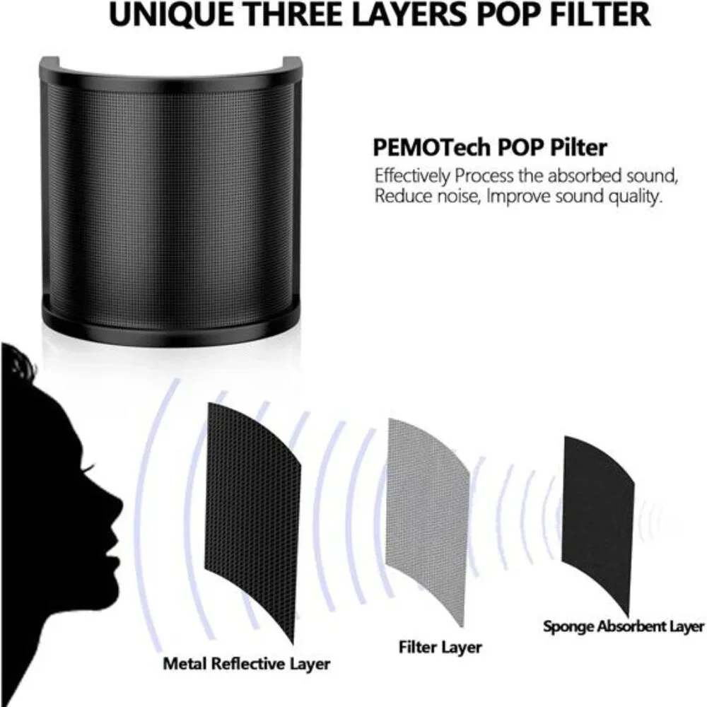 Pop Filter,PEMOTech [Upgraded Three Layers] Metal Mesh & Foam & Etamine Layer